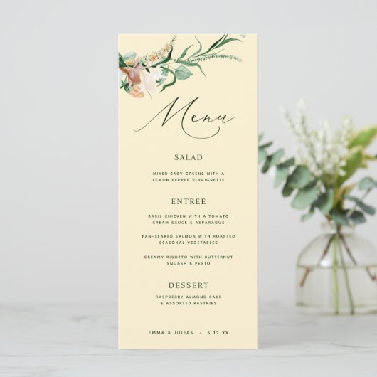 Botanique Boho Greenery Pastel Yellow Mariage Menu (Debout devant)