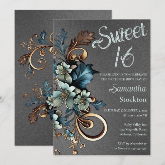 Botanique dorée avec Silver Sweet 16 Invitation (Devant / Derrière)