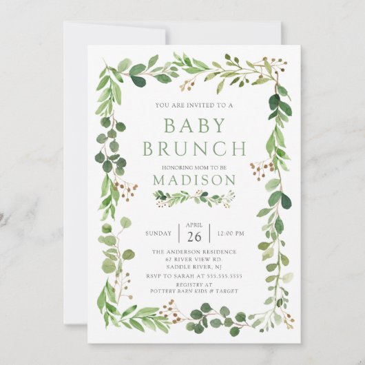Botanique Feuille verte Bébé Brunch Invitation (Devant)