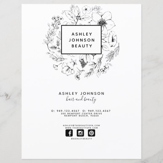 Botanique moderne noir blanc Spa 3 Services Menu (Dos)