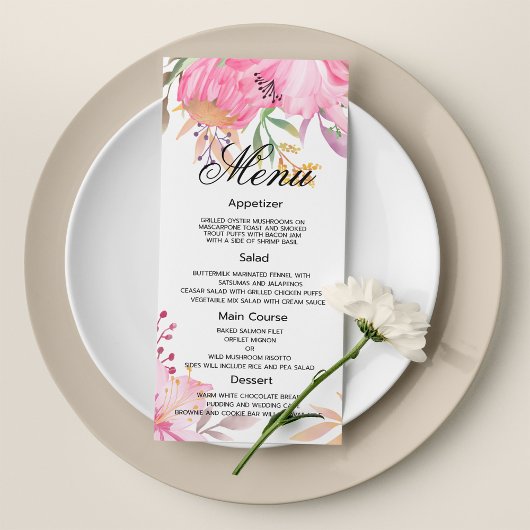 Botanique rose aquarelle fleurs Mariage Menu