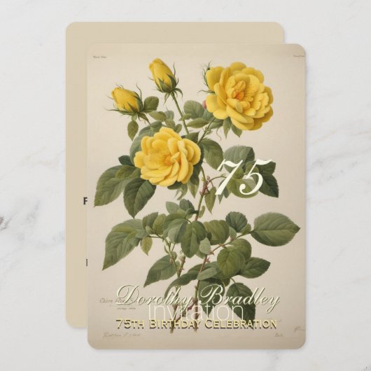 Botanique Rose Jaune 75e anniversaire Invitation (Devant / Derrière)
