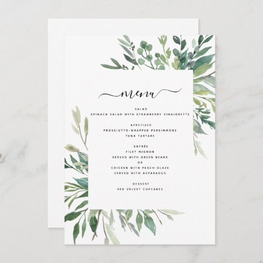 Botanique Verdure Foliage Aquarelle Menu Mariage (Devant / Derrière)