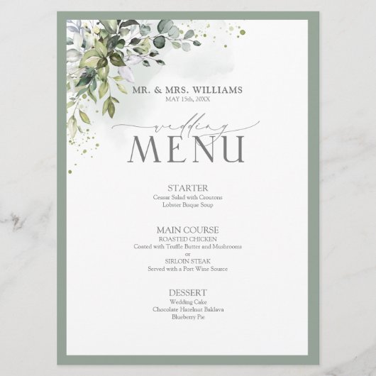Botanique Vert Floral Aquarelle Menu Mariage (Devant)