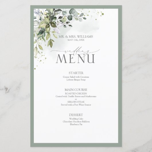 Botanique Vert Floral Aquarelle Menu Mariage (Devant)