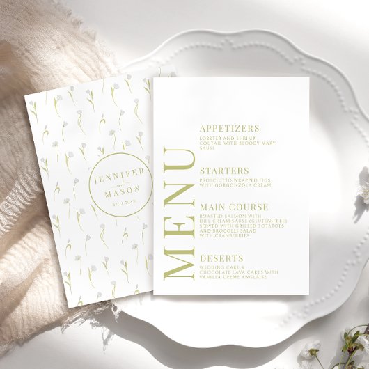Botanique Vert olive Floral Mariage Cartes de menu