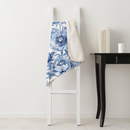 Botanisch Blauw Bloemen Delicate Porseleinen Bloem Sherpa Deken (In situ)