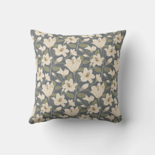 Botanisch Blauw Grijs Beige Lelie Bloemenpatroon Kussen