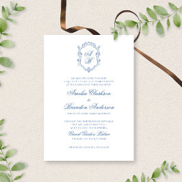 Botanisch Blauw Monogram Crest & Script Wedding Kaart
