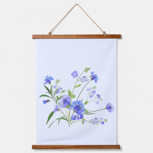 Botanisch Blauw Wit Gele Wildbloemen Hangend Wandkleed (Voorkant)