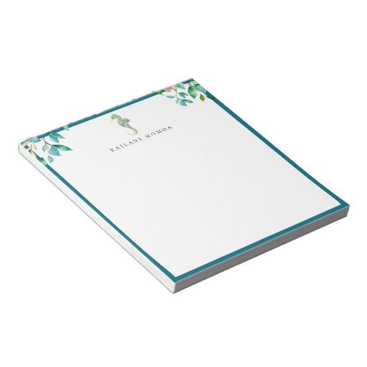 Botanisch bloemmotief Zeepaard Logo Blauwe Rand Notitieblok (Schuin)