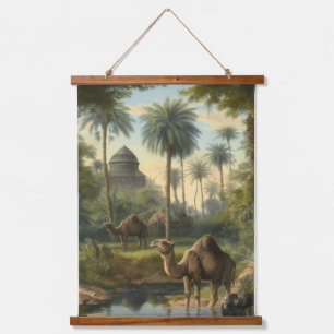 Botanisch: dromedarissen in de jungle bij een rivi hangend wandkleed