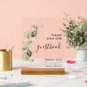 Botanisch Eucalyptus Script Bruiloft Gastenboek Acryl Bord
