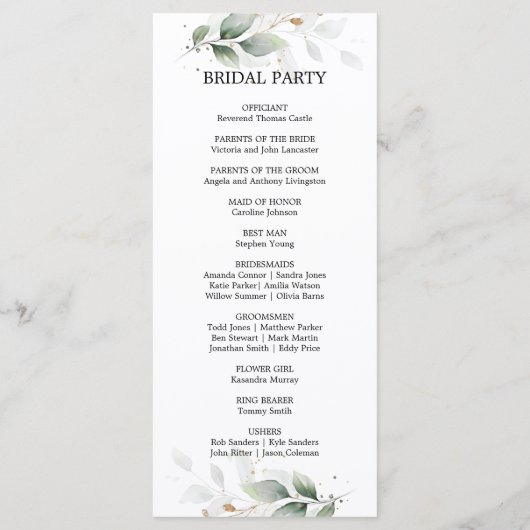 Botanisch gebladerte verlaat groene gouden ceremon programma (Achterkant)