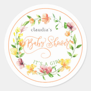 Botanisch geel waterverf bloemenmeisje babyshower ronde sticker