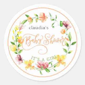 Botanisch geel waterverf bloemenmeisje babyshower ronde sticker