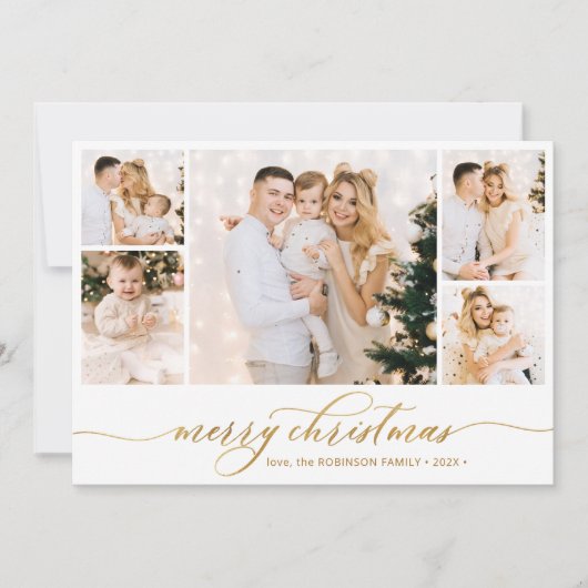 Botanisch Goud Script 5 Fotocollage Kerstmis Feestdagenkaart (Voorkant)