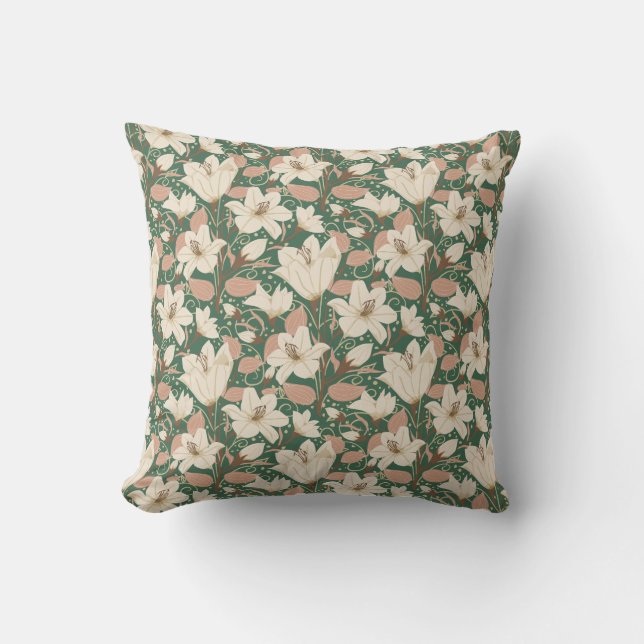 Botanisch groen beige lelie bloemenpatroon kussen (Voorkant)