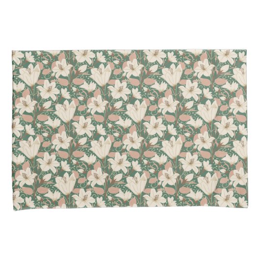 Botanisch groen beige lelie bloemenpatroon kussensloop (Voorkant-Rechts)