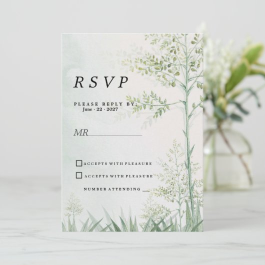 Botanisch groen blad bloemenrustiek RSVP Kaart (Staand voorkant)
