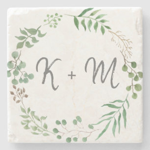 Botanisch groen   Blad   Bruiloft Monogram Stenen Onderzetter