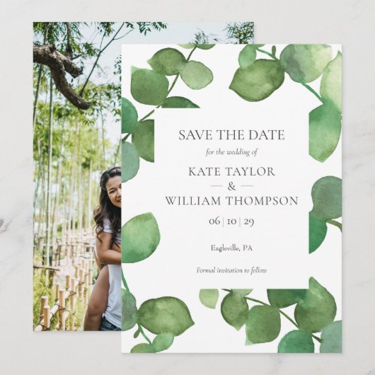 Botanisch groen blad Foto Save the Date (Voorkant / Achterkant)
