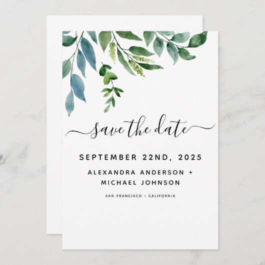 Botanisch groen blad waterverf bruiloft save the date (Voorkant / Achterkant)