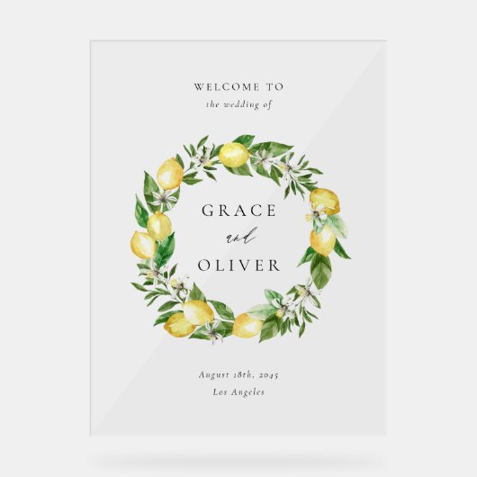 Botanisch groen en citroenkrans zomerbruiloft acryl bord (Voorkant)