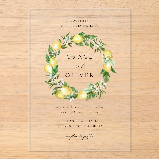 Botanisch groen en citroenkrans zomerbruiloft acryl uitnodigingen (Voorkant)