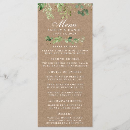 Botanisch groen eucalyptus trouwdag kraft menu (Voorkant)