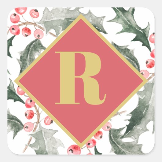 Botanisch groen monogram Kerstmis Vierkante Sticker (Voorkant)