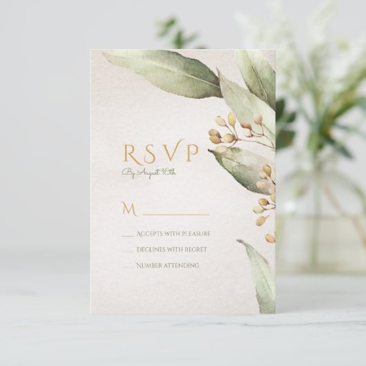 Botanisch groen rustiek bruiloft RSVP (Staand voorkant)