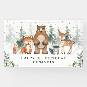 Botanisch groen Woodland Dieren 1e verjaardag Spandoek