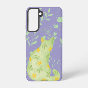 Botanisch groene kat Samsung hoes – Paarse bloemen Galaxy Hoesje