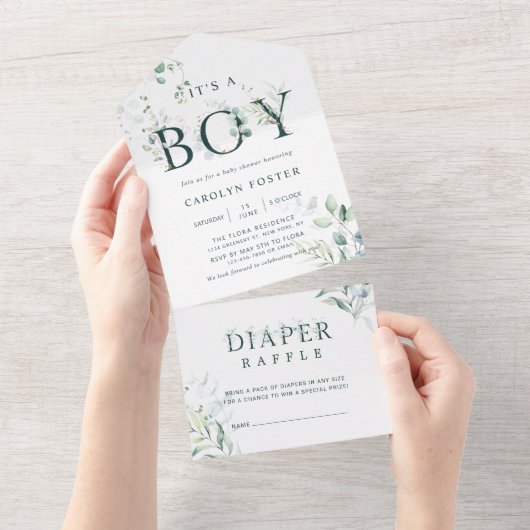 Botanisch Letter-Baby shower | Diaper Raffle All In One Uitnodiging (Afscheurbaar)