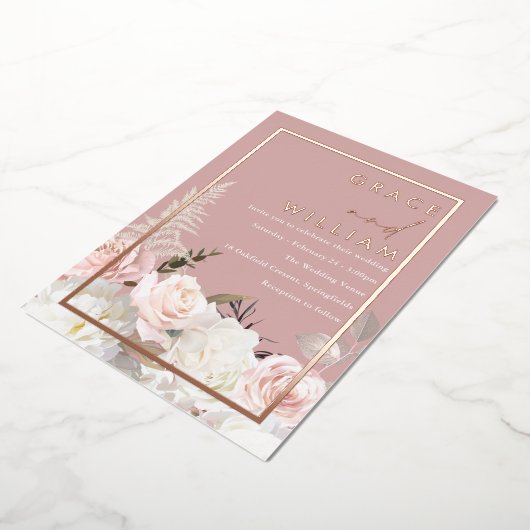 Botanisch Modern Bruiloft Roos Goud Folie Uitnodiging (Gedraaid)