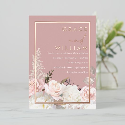 Botanisch Modern Bruiloft Roos Goud Folie Uitnodiging (Staand Voorkant)
