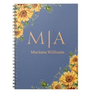 Botanisch monogram Zonnebloemen sinaasappel Blauw Notitieboek