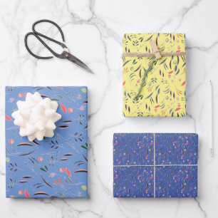 Botanisch patroon blauw geel inpakpapier vel