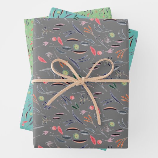 Botanisch patroon grijs groen inpakpapier (In situ)