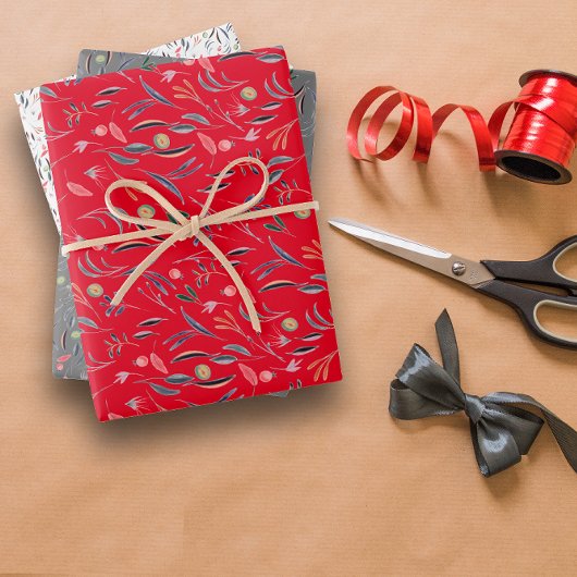 Botanisch patroon rood grijs wit inpakpapier vel