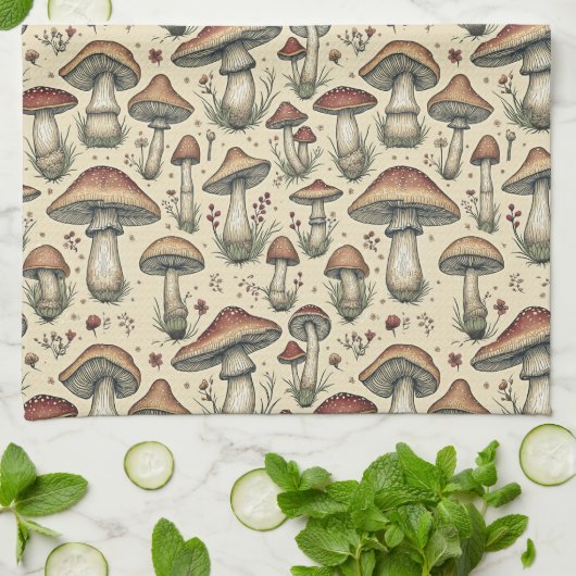 Botanisch patroon van paddenstoelen in bruin en be theedoek (Gevouwen)