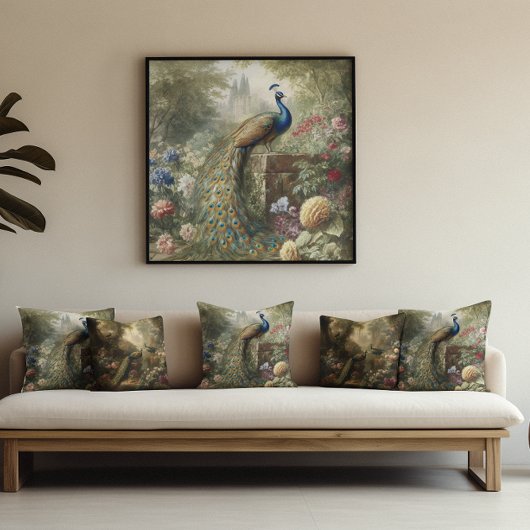 Botanisch: pauw in de buurt van kasteel in Engelse Canvas Afdruk