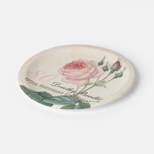  Botanisch Roos 80e verjaardag PP Papieren Bordje (Gekanteld)