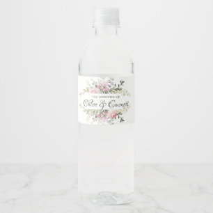 Botanisch Roze Bloemen Bruiloft Water Fles Label Waterfles Etiket