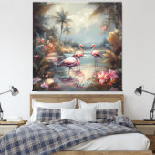 botanisch schilderij flamingo's en bloemen canvas afdruk (Insitu (Slaapkamer))