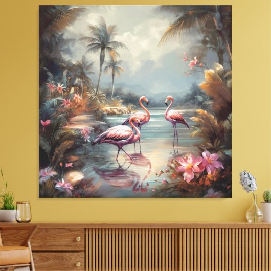 botanisch schilderij flamingo's en bloemen canvas afdruk (Insitu (Woonkamer))