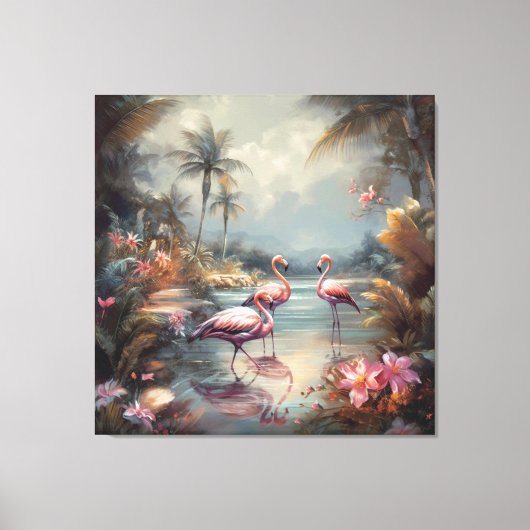 botanisch schilderij flamingo's en bloemen canvas afdruk (Voorkant)