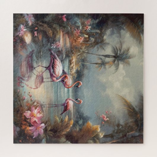 botanisch schilderij flamingo's en bloemen legpuzzel (Horizontaal)