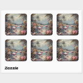 botanisch schilderij flamingo's en bloemen vierkante sticker (Vel)